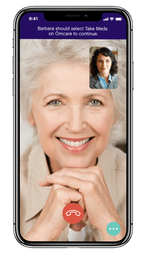 The Omcare mobile app displaying a picture in picture conversation between two women.