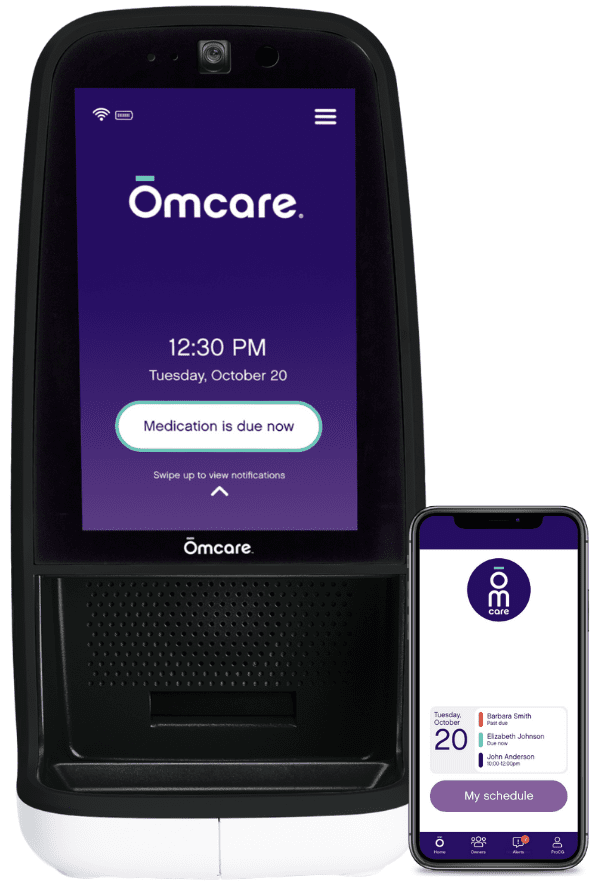 The Omcare Home Health Hub and mobile app on a smartphone next to each other.
