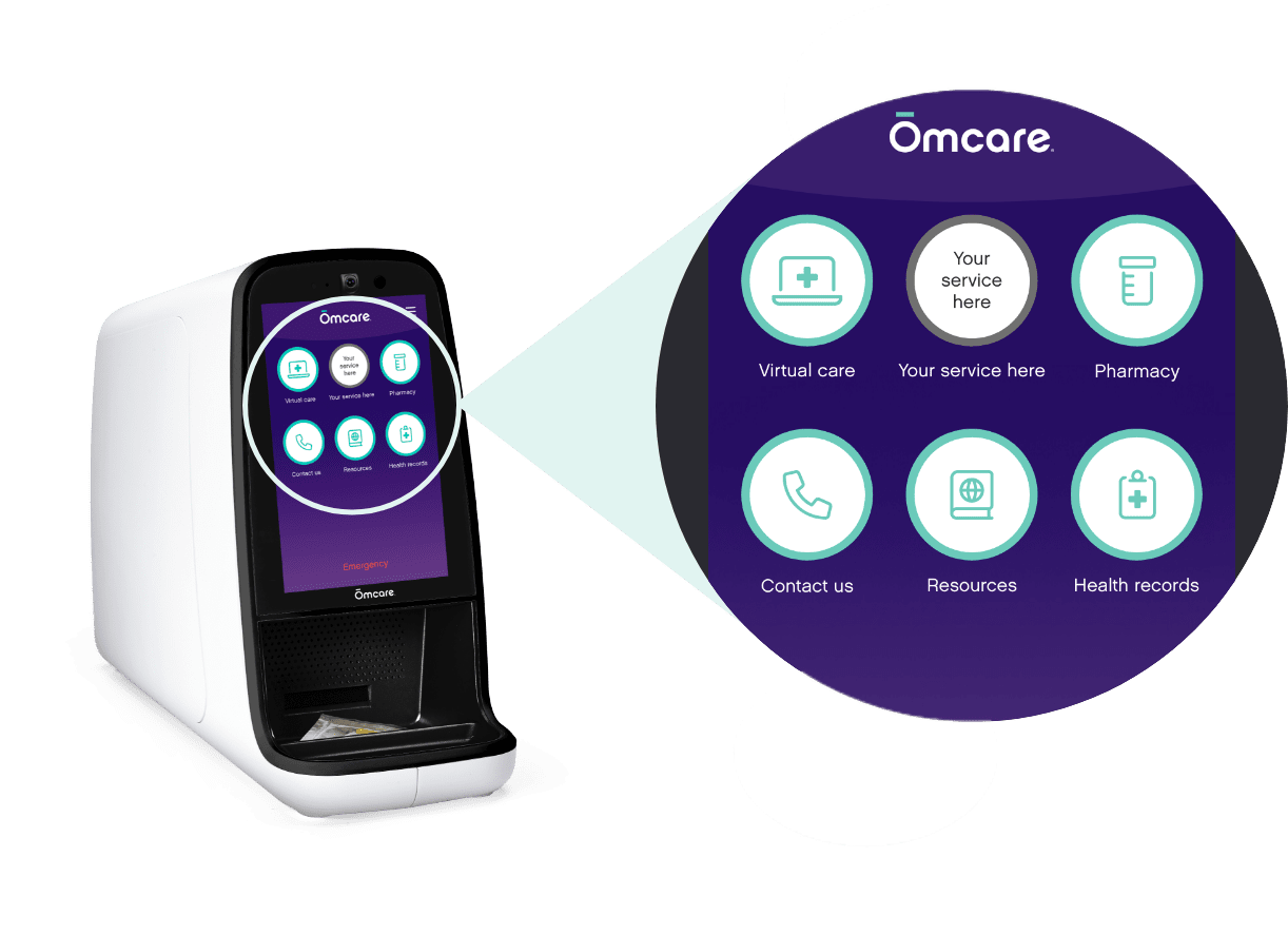 Omcare Home Health Hub with the screen enlarged to demonstrate how a brand could customize it.