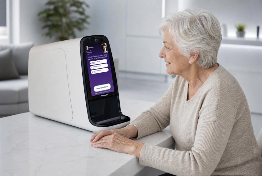 An older woman pressing the I took my medication button on the Ōmcare Home Health Hub.
